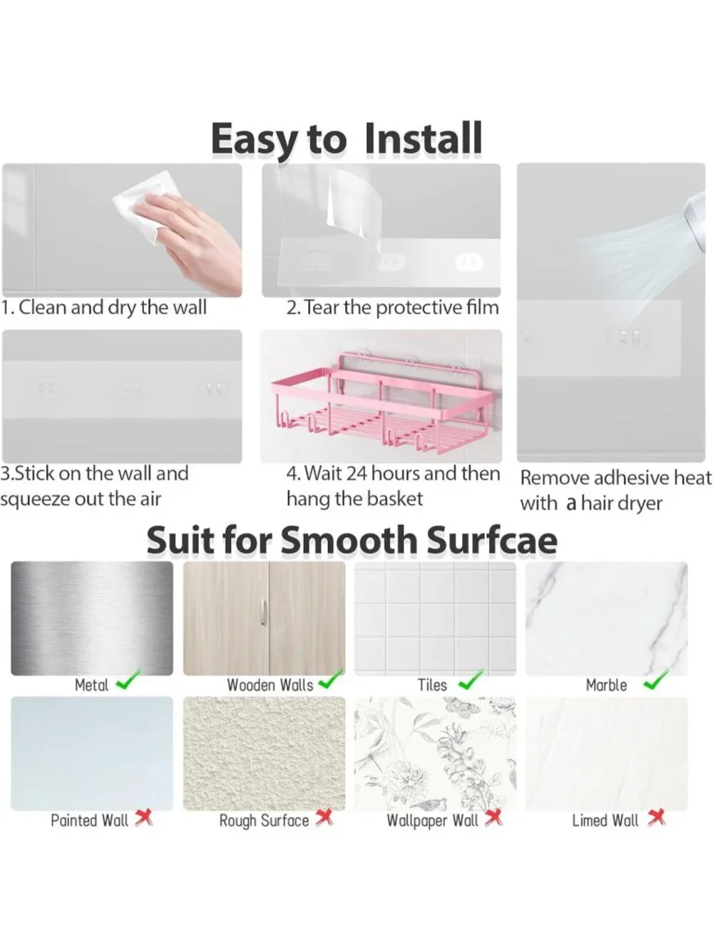 New 5 Pack Pink Adhesive Shower Caddy Organizer Rack Stainless Steel Shelf Set